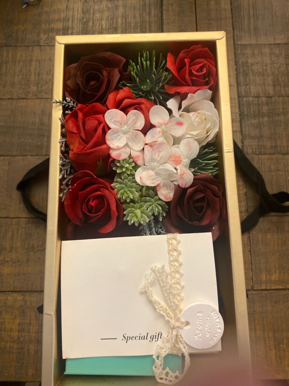 Mixed Rose Floral Gift Box - Red, White, Green w/glass beaded necklace inside